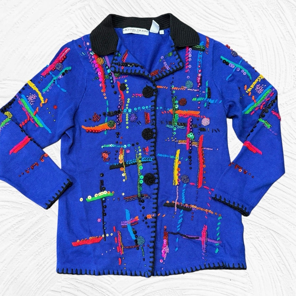 VTG 90s Michael Simon Abstract Art Beaded Sequins Sweater Cardigan Large Blue
